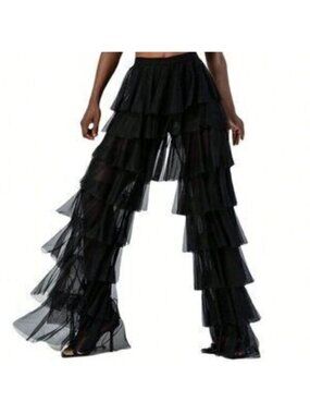 Black Boho Women's Y2k Sheer Flowy Mesh Wide Leg Pants